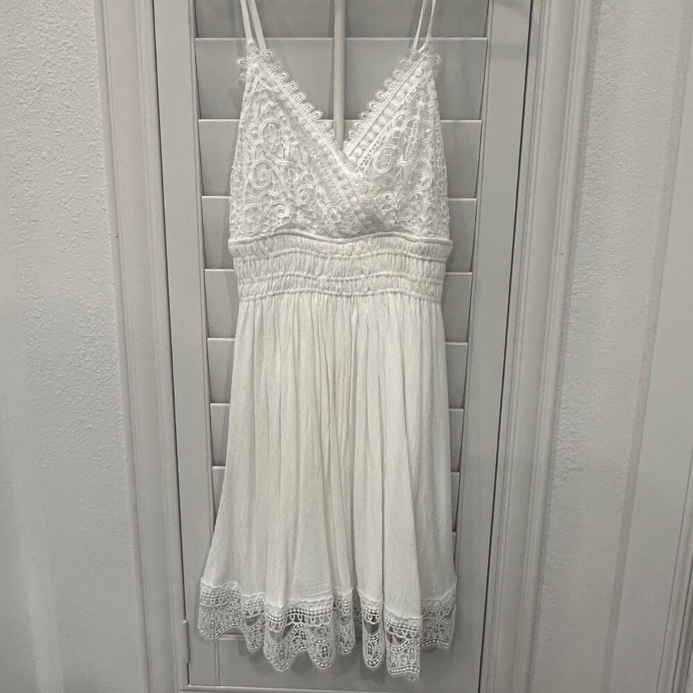 White Crochet Lace Smocked Boho Mini Dress Large